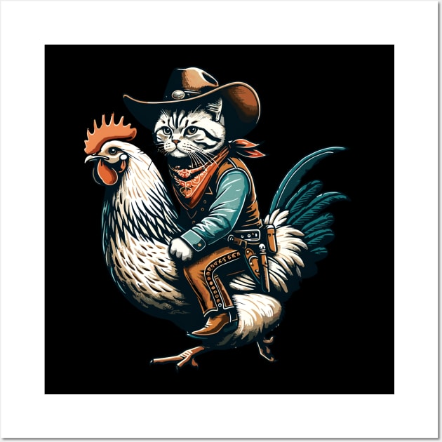 Meowdy Cat Riding Chicken Wall Art by VisionDesigner